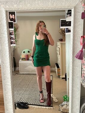 Prettylittlethings Green Ruched Mini Dress